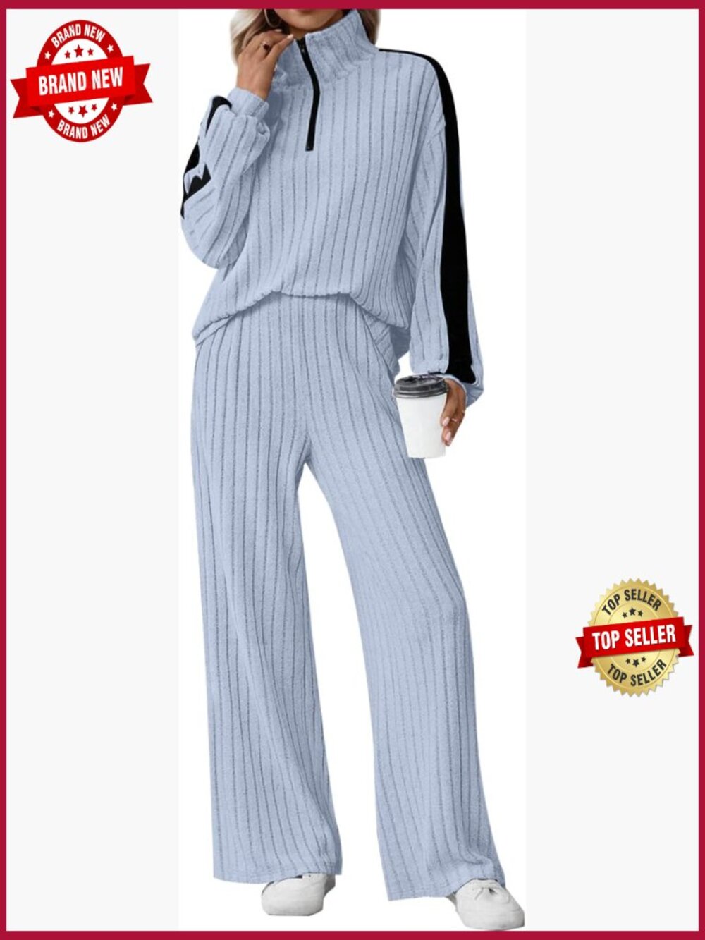 Half Zip Sweatsuit Set Ribbed Lounge Two Piece Cozy Knit Tracksuit